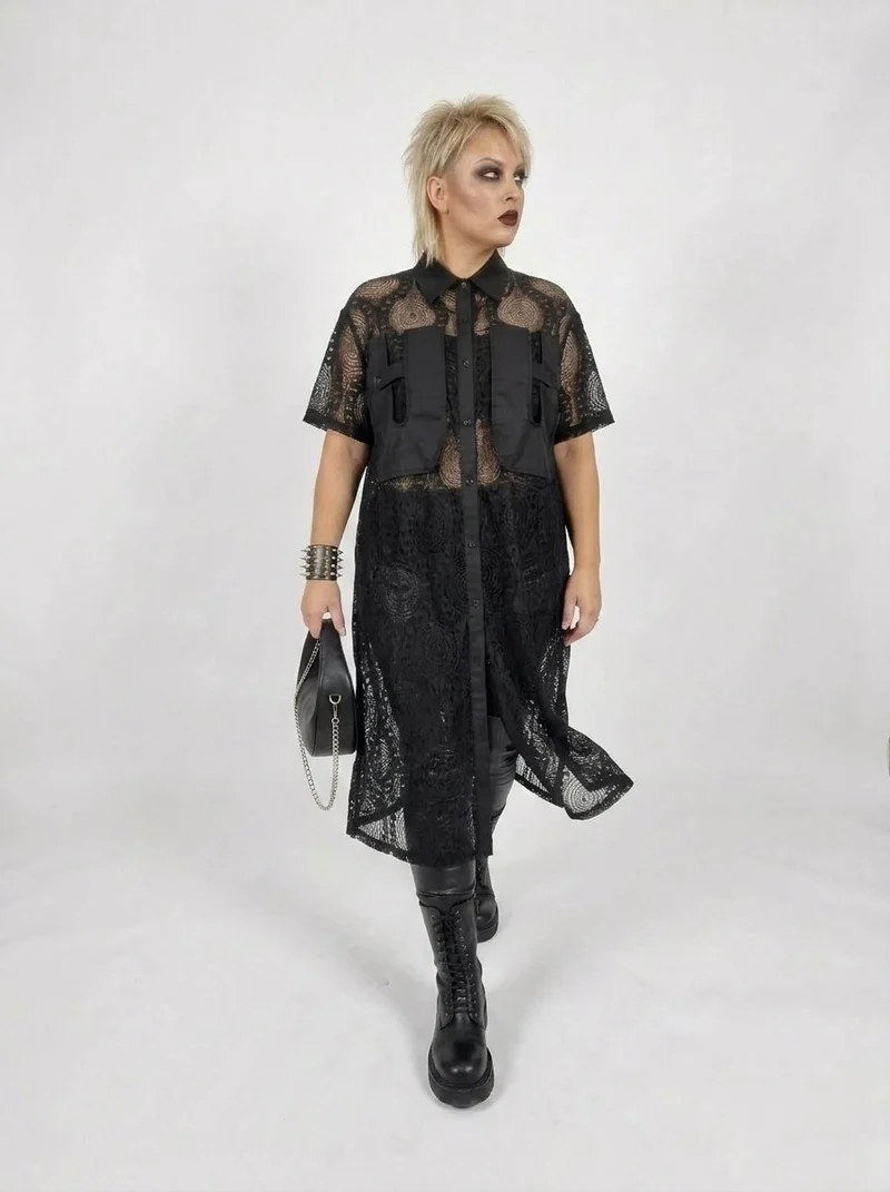 Gothic Style Black Lace See-Through Shirt Dress with Button Closure