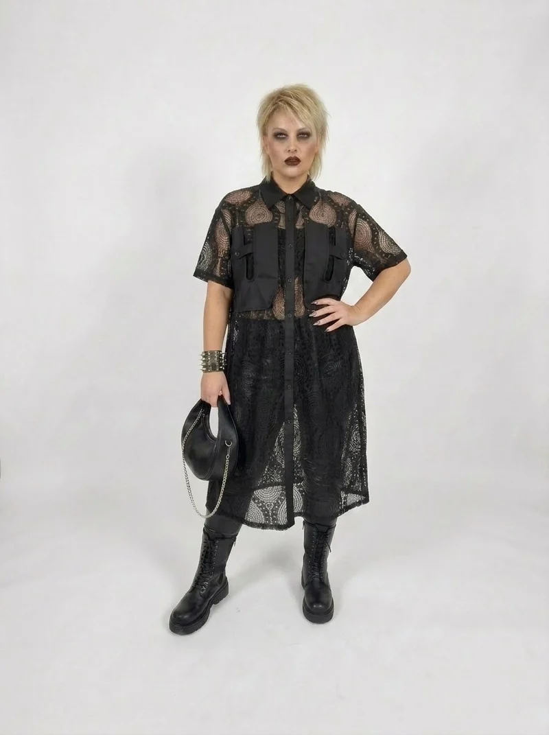 Gothic Style Black Lace See-Through Shirt Dress with Button Closure