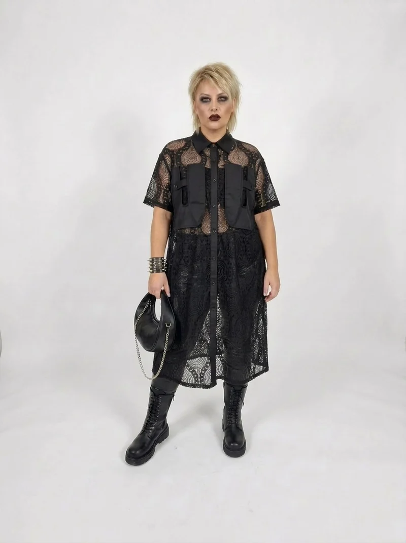Gothic Style Black Lace See-Through Shirt Dress with Button Closure