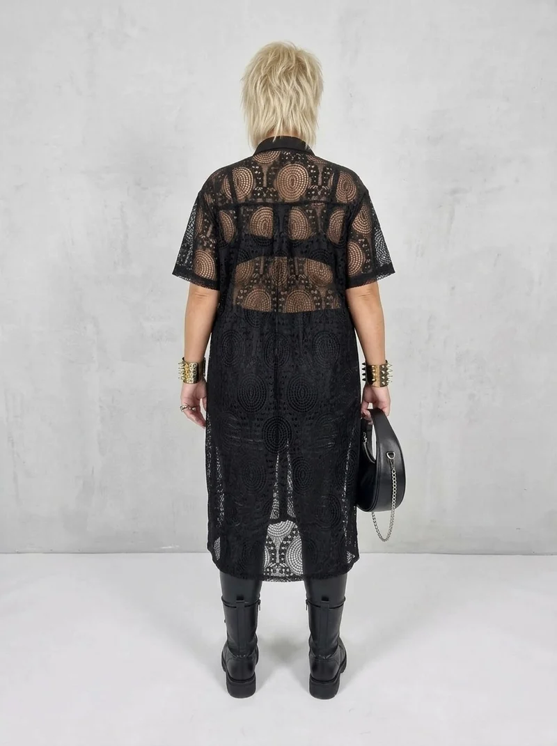 Gothic Style Black Lace See-Through Shirt Dress with Button Closure