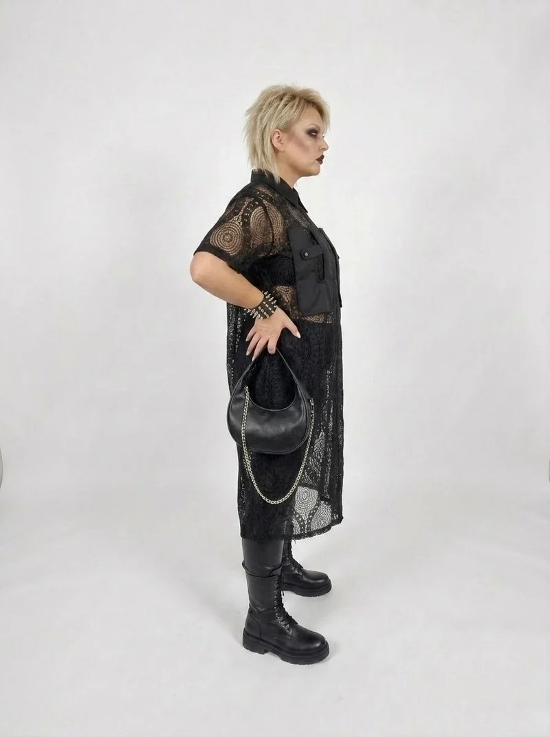 Gothic Style Black Lace See-Through Shirt Dress with Button Closure