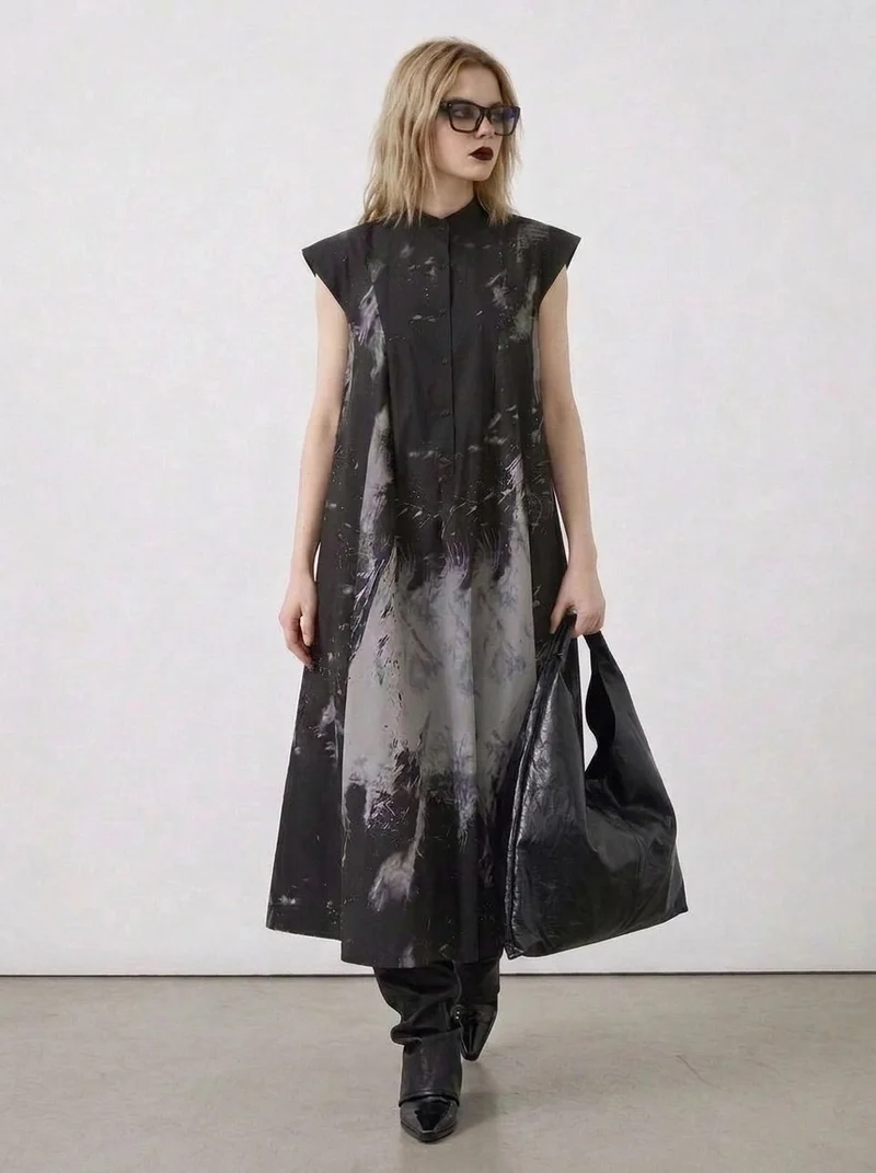 Gothic Sleeveless Tie-Dye Print Dress with Mandarin Collar