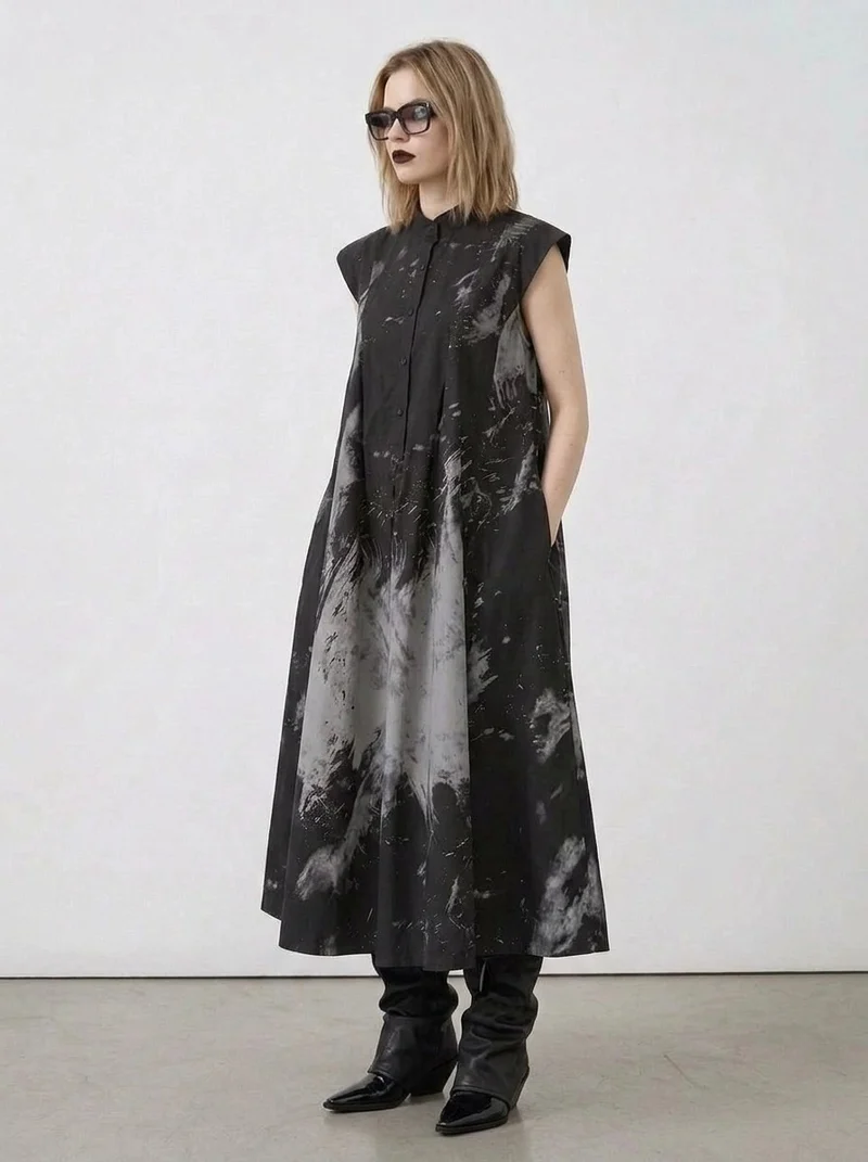 Gothic Sleeveless Tie-Dye Print Dress with Mandarin Collar