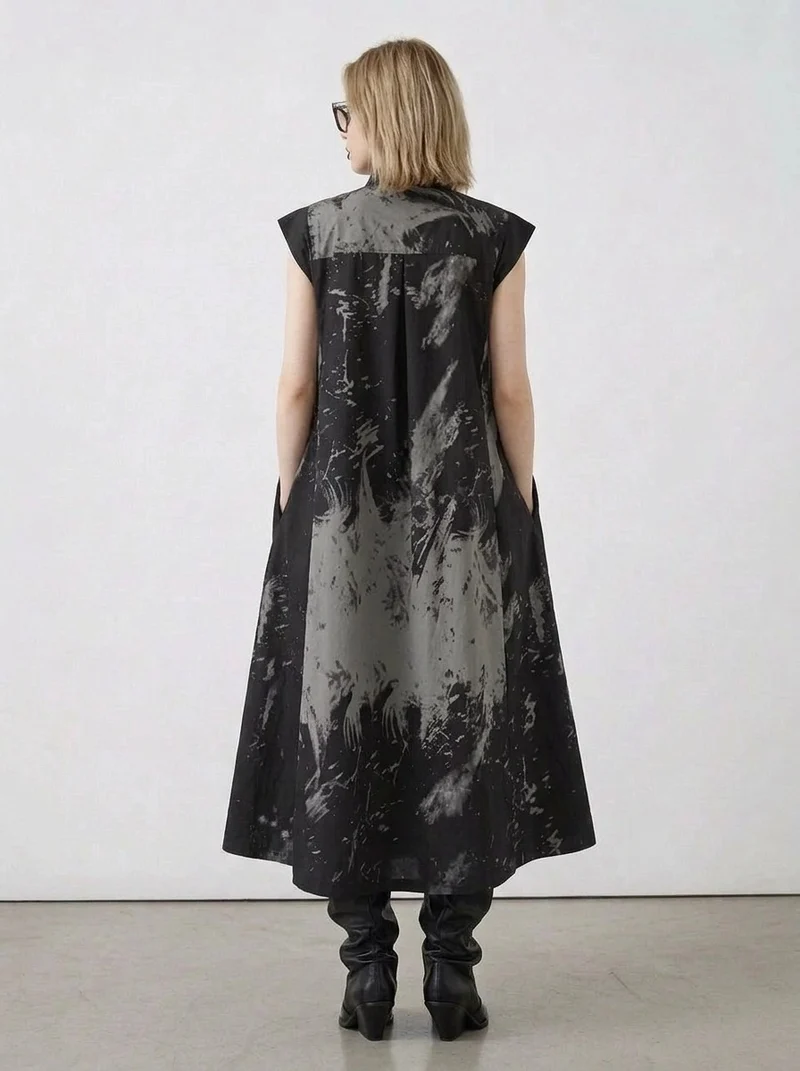 Gothic Sleeveless Tie-Dye Print Dress with Mandarin Collar
