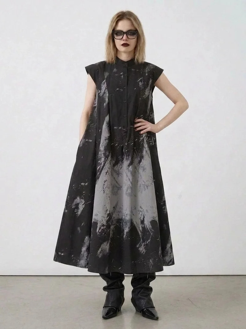 Gothic Sleeveless Tie-Dye Print Dress with Mandarin Collar