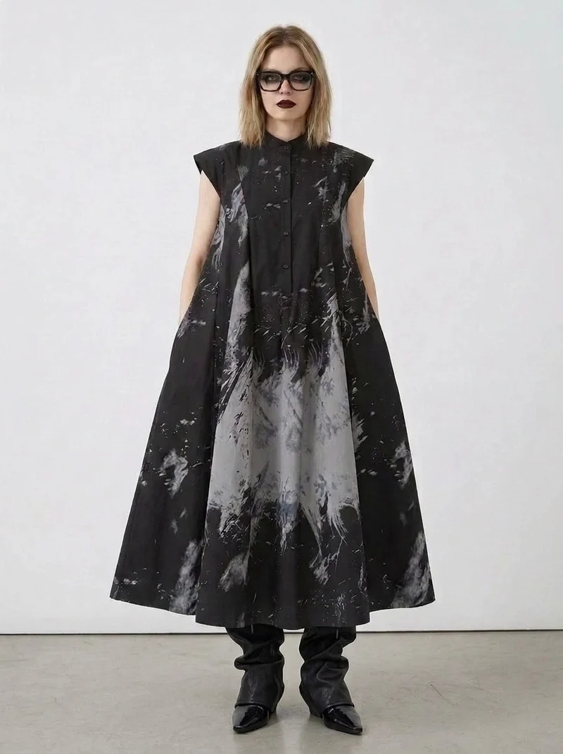 Gothic Sleeveless Tie-Dye Print Dress with Mandarin Collar