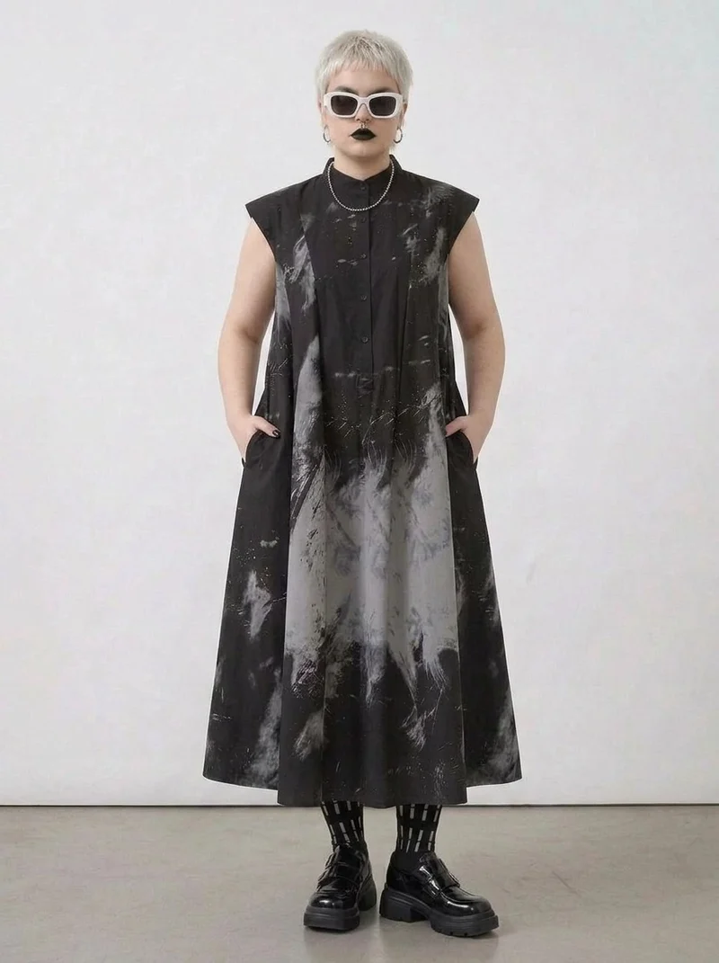 Gothic Sleeveless Tie-Dye Print Dress with Mandarin Collar
