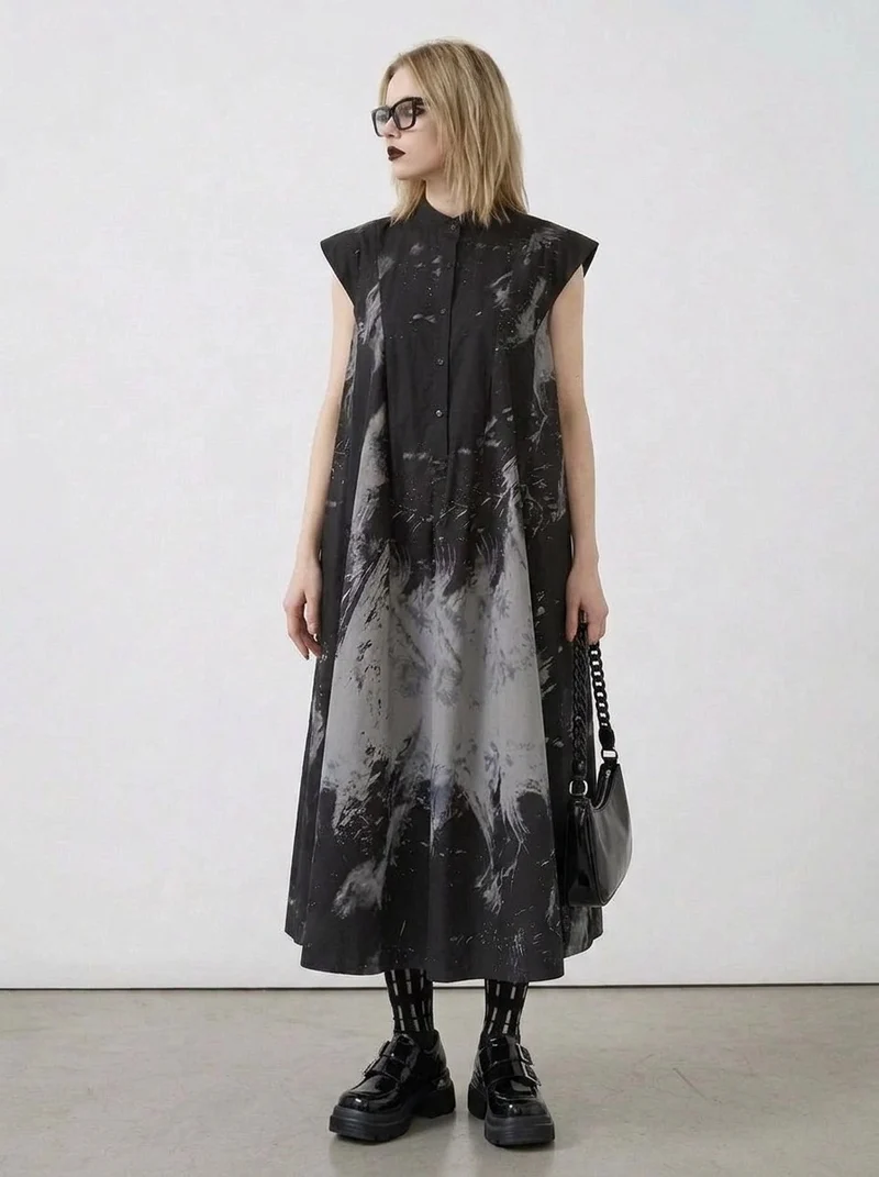 Gothic Sleeveless Tie-Dye Print Dress with Mandarin Collar