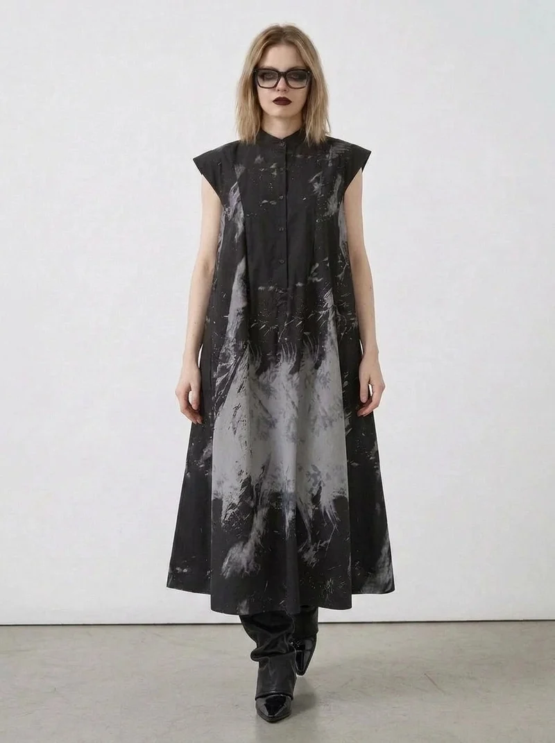 Gothic Sleeveless Tie-Dye Print Dress with Mandarin Collar