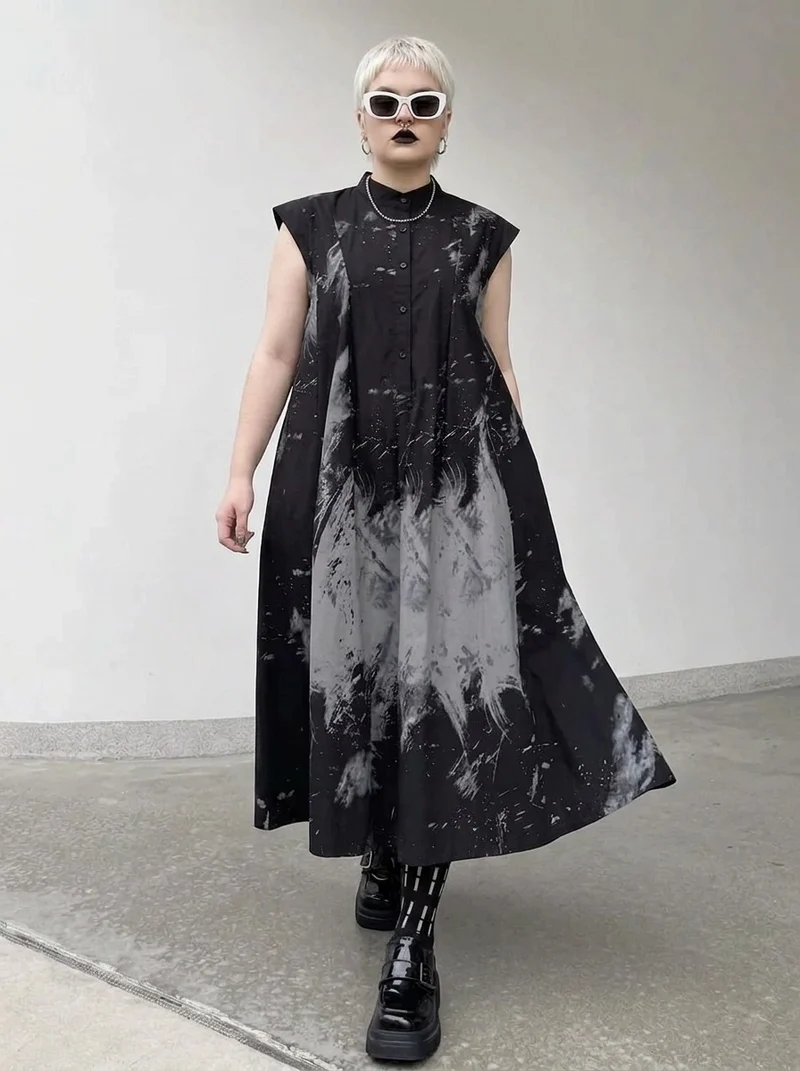 Gothic Sleeveless Tie-Dye Print Dress with Mandarin Collar