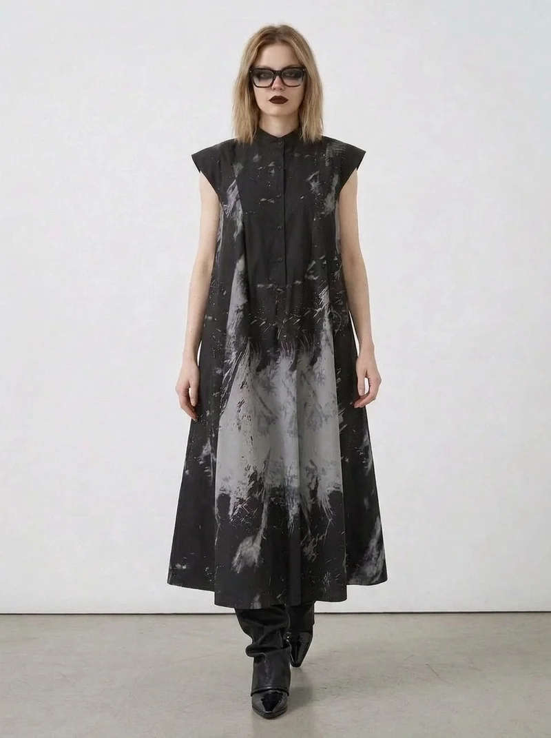 Gothic Sleeveless Tie-Dye Print Dress with Mandarin Collar