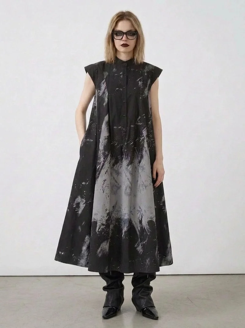 Gothic Sleeveless Tie-Dye Print Dress with Mandarin Collar