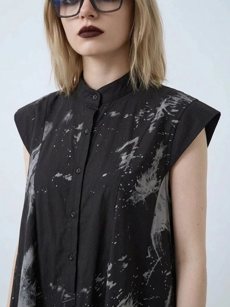 Gothic Sleeveless Tie-Dye Print Dress with Mandarin Collar