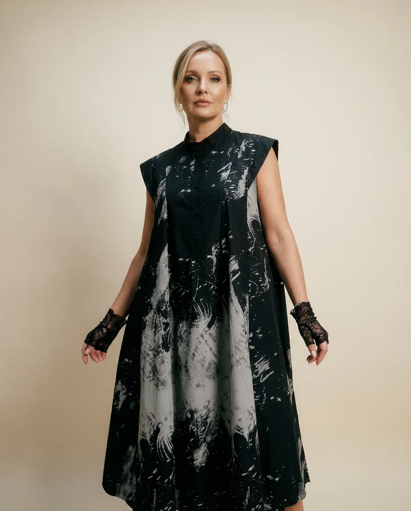 Gothic Sleeveless Tie-Dye Print Dress with Mandarin Collar