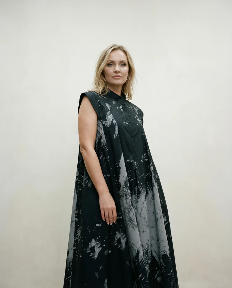 Gothic Sleeveless Tie-Dye Print Dress with Mandarin Collar