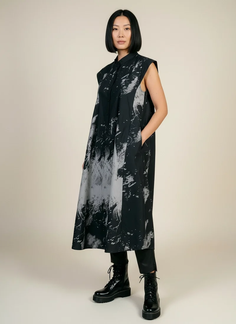 Gothic Sleeveless Tie-Dye Print Dress with Mandarin Collar