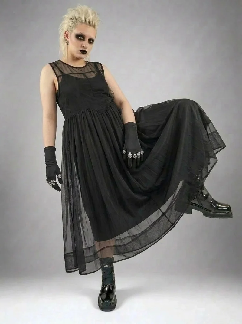 Layered Elegance: Sheer Black Gothic-Inspired Overlay Dress