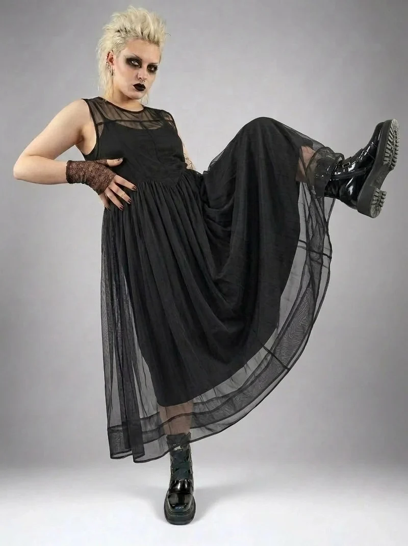 Layered Elegance: Sheer Black Gothic-Inspired Overlay Dress