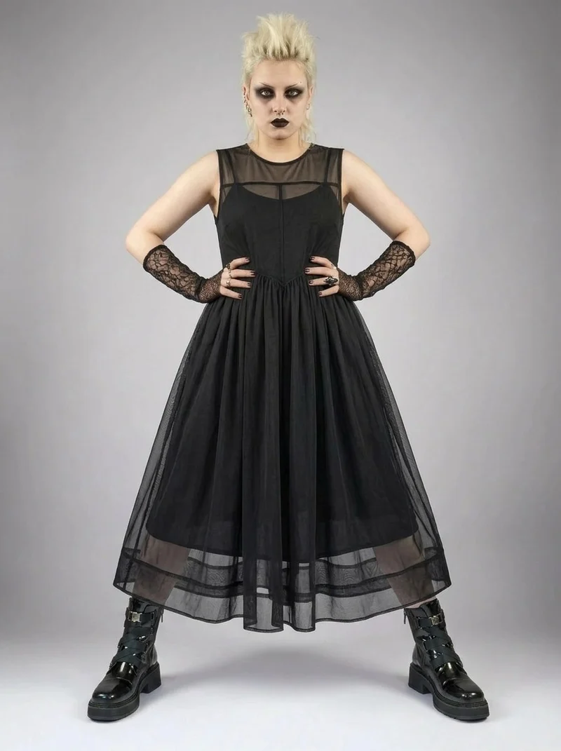 Layered Elegance: Sheer Black Gothic-Inspired Overlay Dress