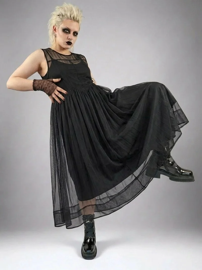Layered Elegance: Sheer Black Gothic-Inspired Overlay Dress