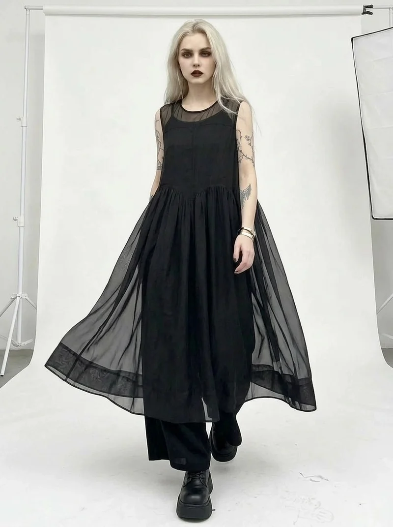Layered Elegance: Sheer Black Gothic-Inspired Overlay Dress
