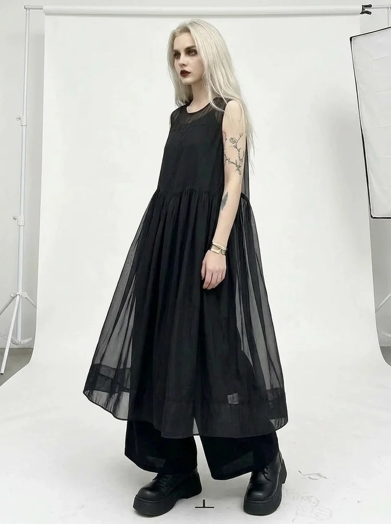 Layered Elegance: Sheer Black Gothic-Inspired Overlay Dress