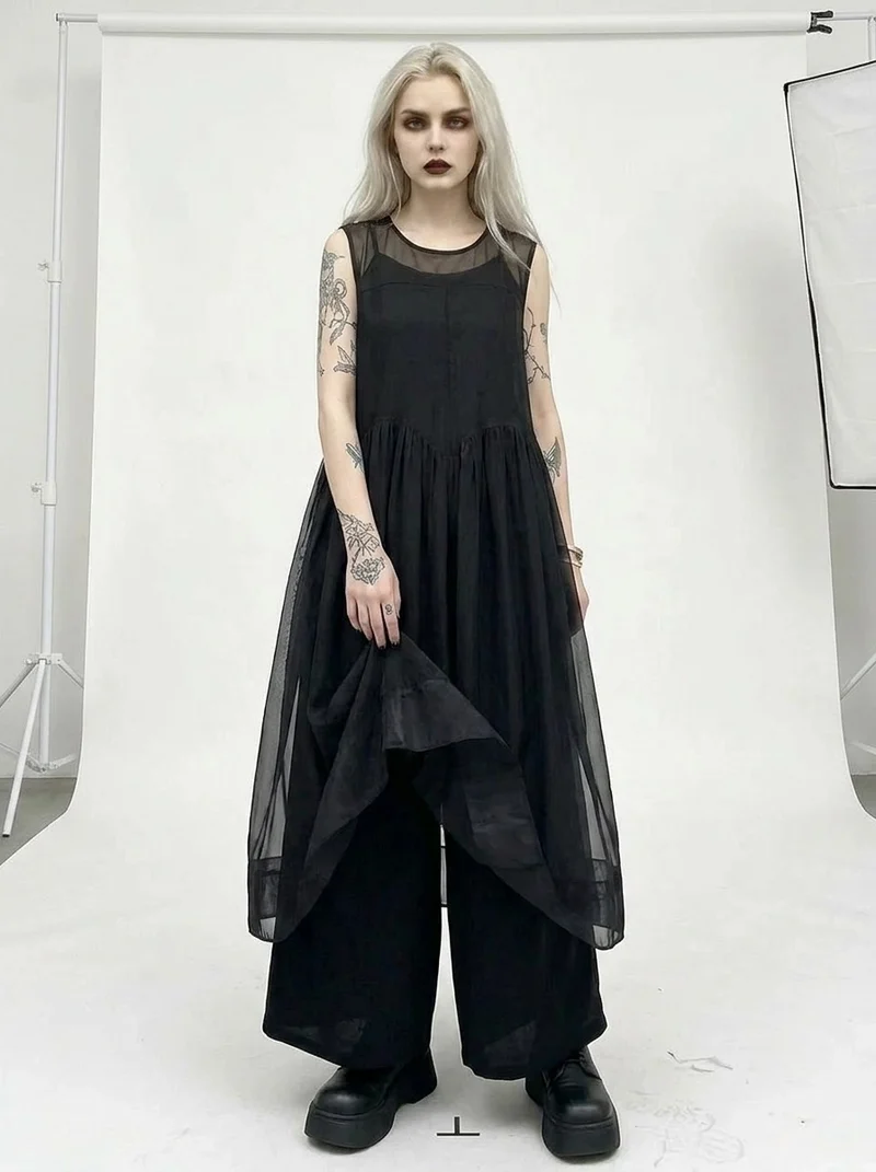 Layered Elegance: Sheer Black Gothic-Inspired Overlay Dress