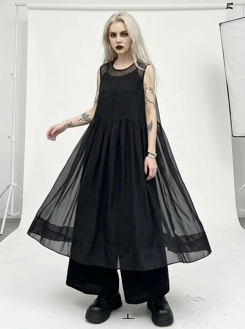 Layered Elegance: Sheer Black Gothic-Inspired Overlay Dress