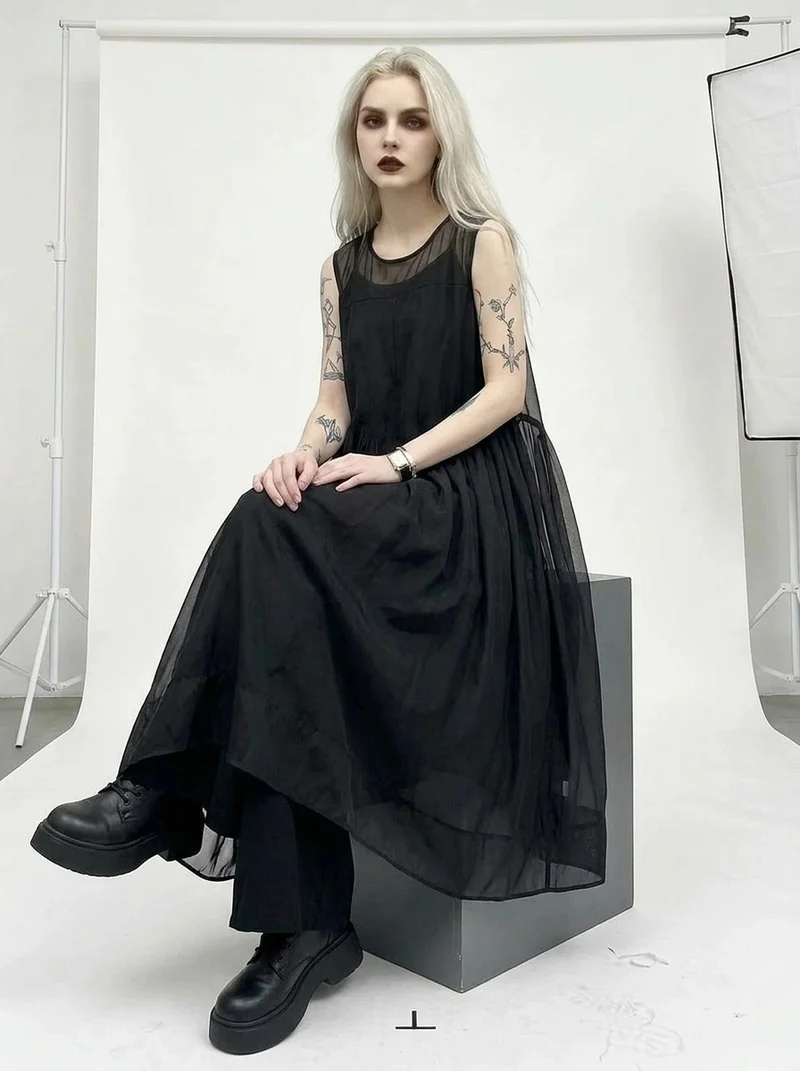 Layered Elegance: Sheer Black Gothic-Inspired Overlay Dress