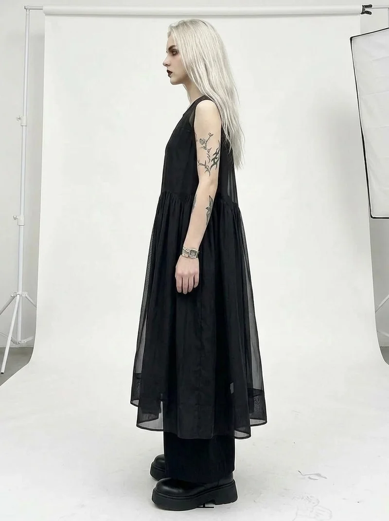 Layered Elegance: Sheer Black Gothic-Inspired Overlay Dress