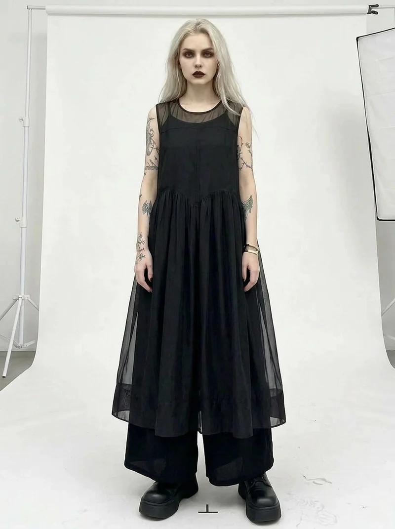 Layered Elegance: Sheer Black Gothic-Inspired Overlay Dress