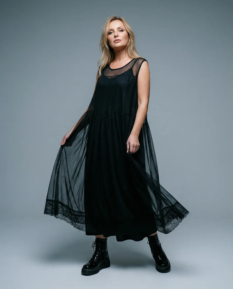 Layered Elegance: Sheer Black Gothic-Inspired Overlay Dress