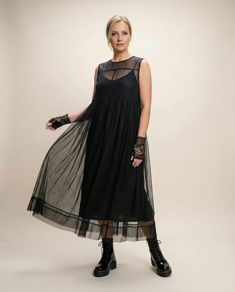 Layered Elegance: Sheer Black Gothic-Inspired Overlay Dress