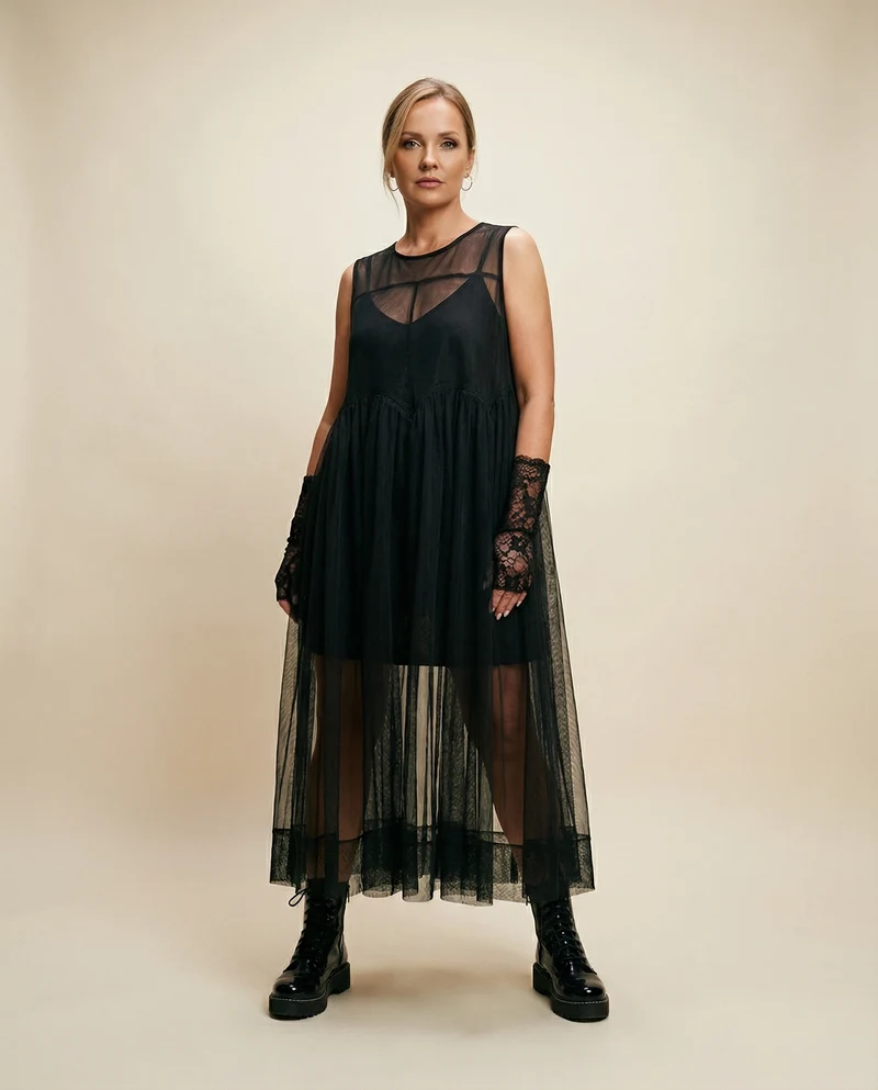 Layered Elegance: Sheer Black Gothic-Inspired Overlay Dress