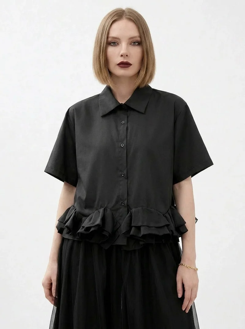 Minimalist Goth Ruffle Hem Shirt – Structured Casual Edge Top