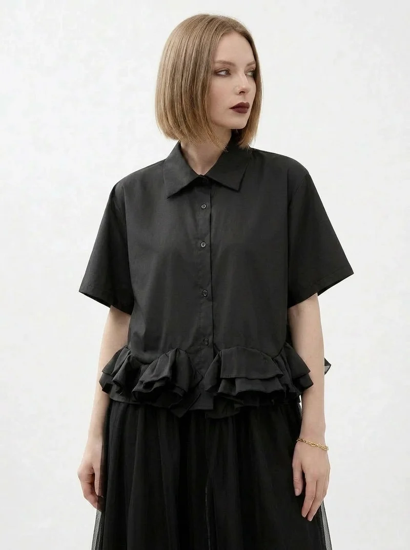 Minimalist Goth Ruffle Hem Shirt – Structured Casual Edge Top