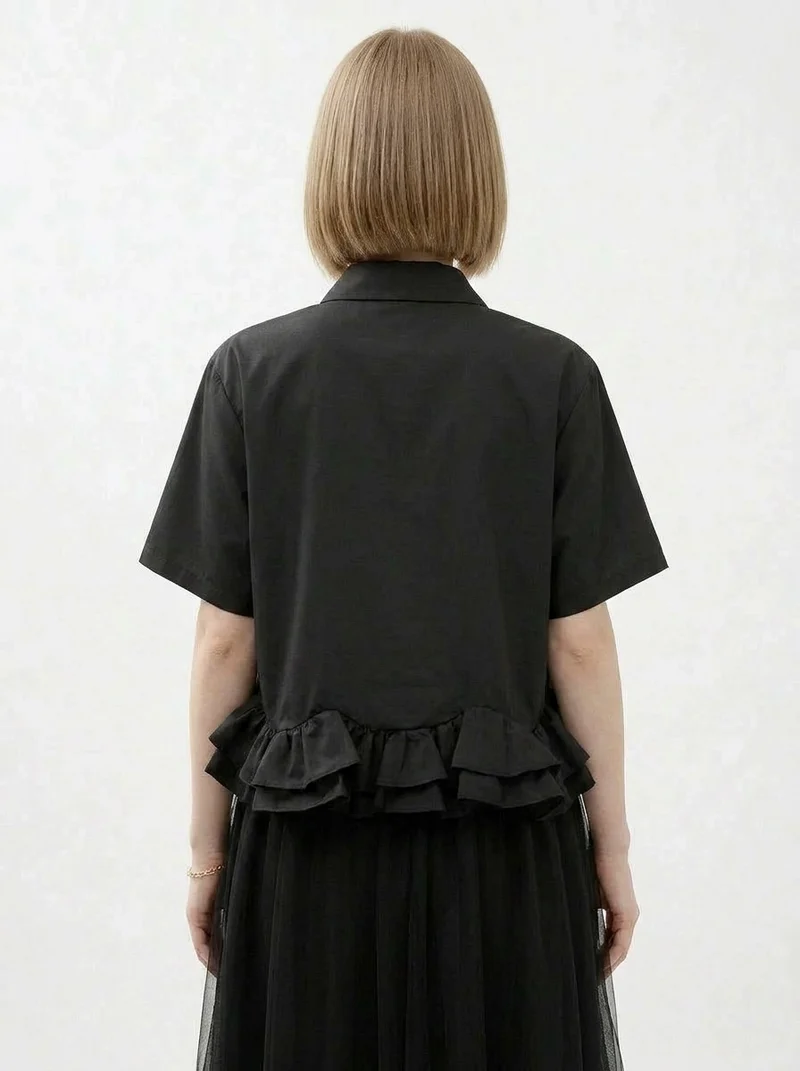 Minimalist Goth Ruffle Hem Shirt – Structured Casual Edge Top