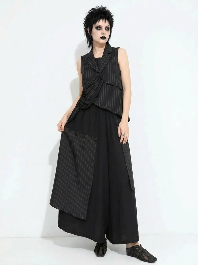Layered Pinstripe Panel Wide-Leg Trousers
