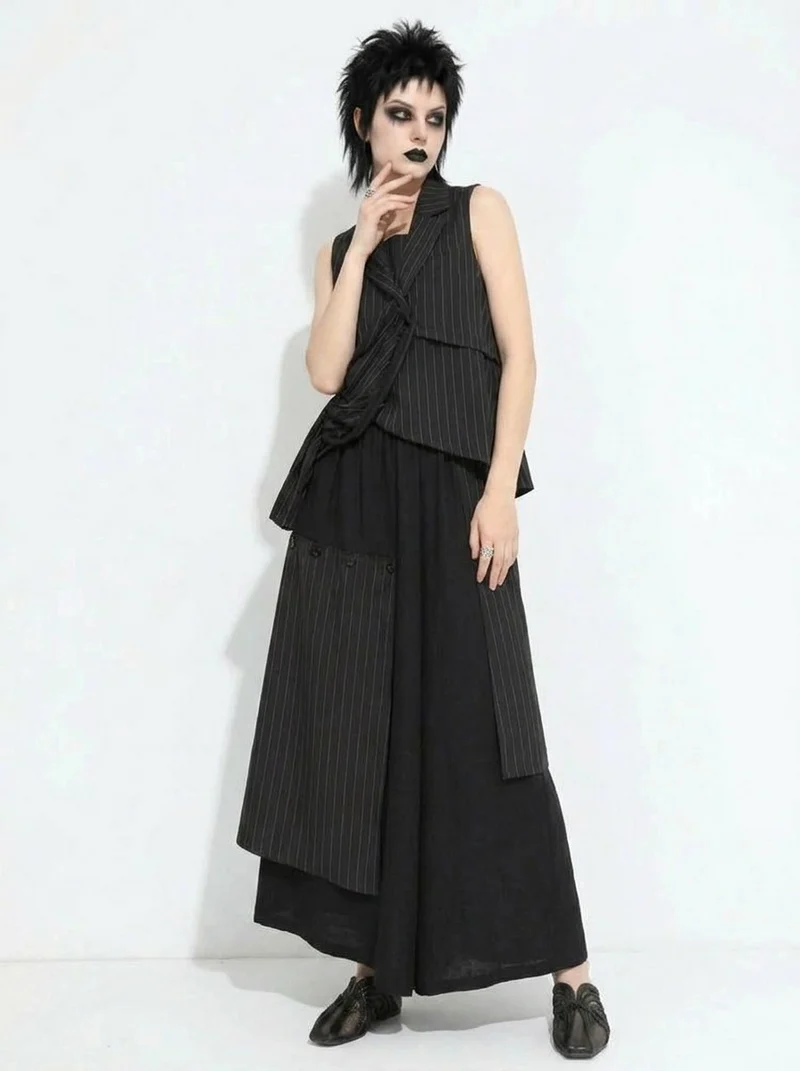 Layered Pinstripe Panel Wide-Leg Trousers