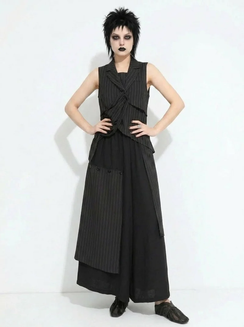Layered Pinstripe Panel Wide-Leg Trousers