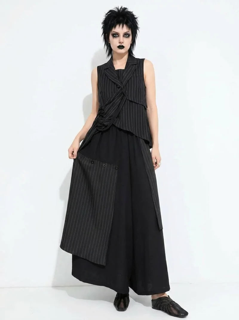 Layered Pinstripe Panel Wide-Leg Trousers