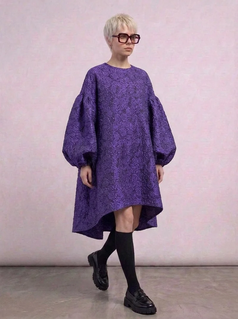 Purple Floral Lantern Sleeve Asymmetrical Dress - Elegant Winter-Ready Design