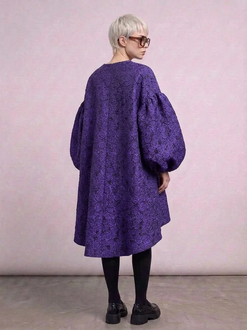 Purple Floral Lantern Sleeve Asymmetrical Dress - Elegant Winter-Ready Design