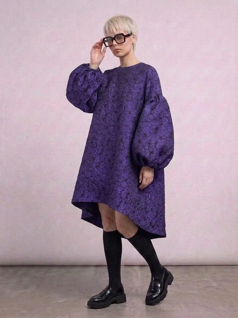 Purple Floral Lantern Sleeve Asymmetrical Dress - Elegant Winter-Ready Design