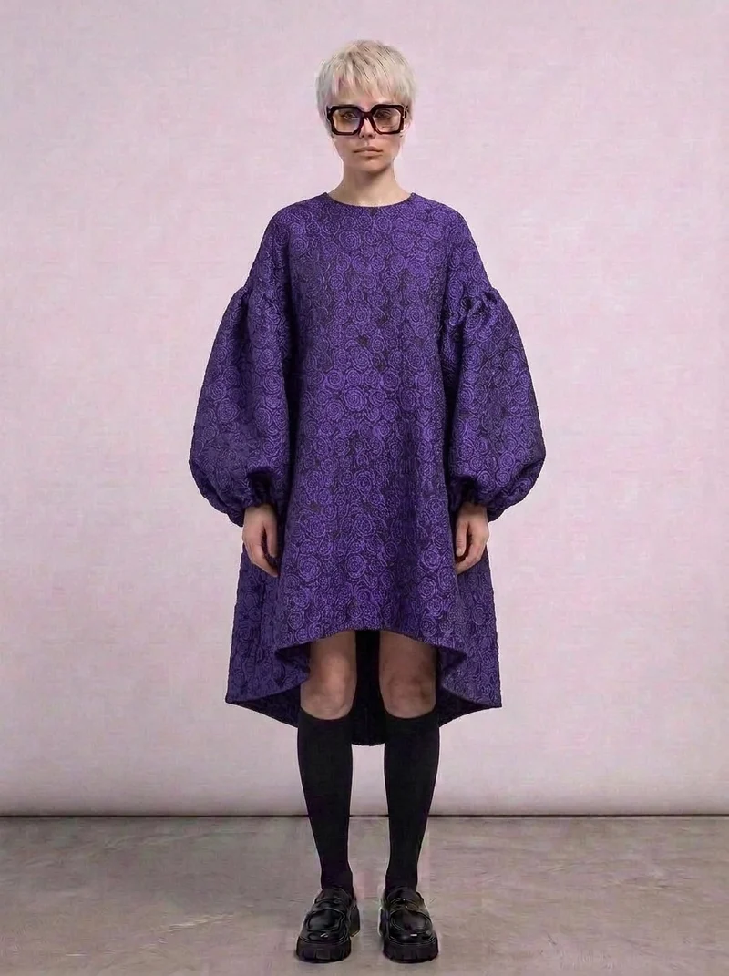 Purple Floral Lantern Sleeve Asymmetrical Dress - Elegant Winter-Ready Design