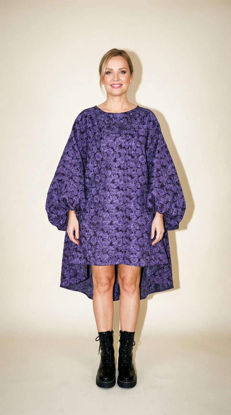 Purple Floral Lantern Sleeve Asymmetrical Dress - Elegant Winter-Ready Design