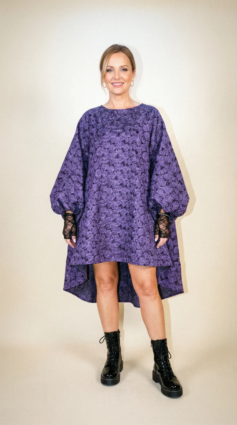 Purple Floral Lantern Sleeve Asymmetrical Dress - Elegant Winter-Ready Design