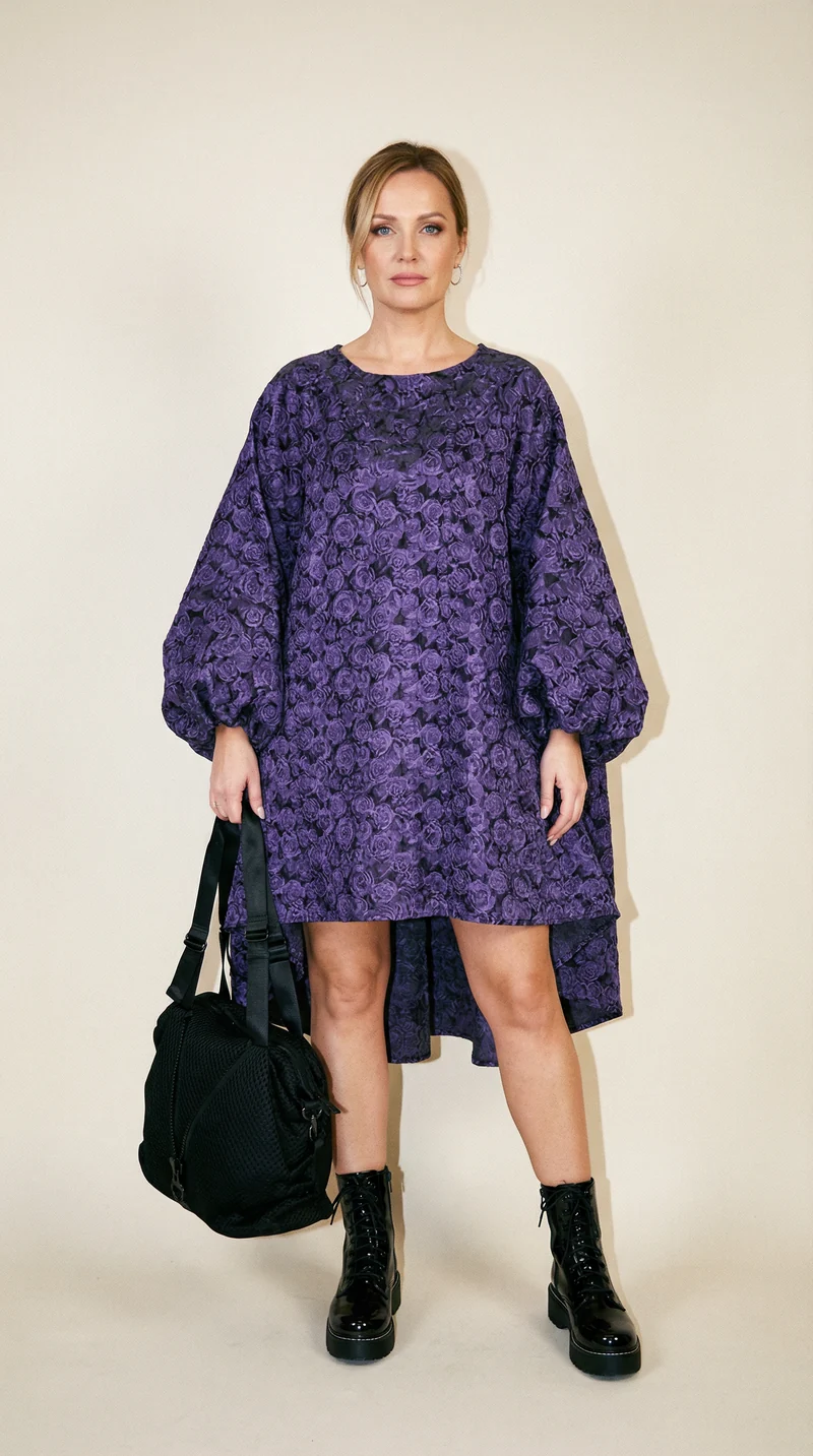 Purple Floral Lantern Sleeve Asymmetrical Dress - Elegant Winter-Ready Design
