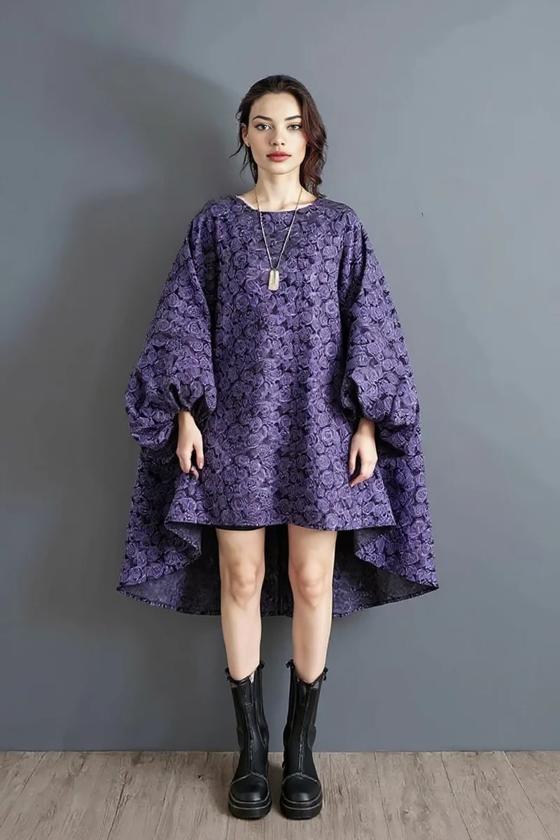 Purple Floral Lantern Sleeve Asymmetrical Dress - Elegant Winter-Ready Design