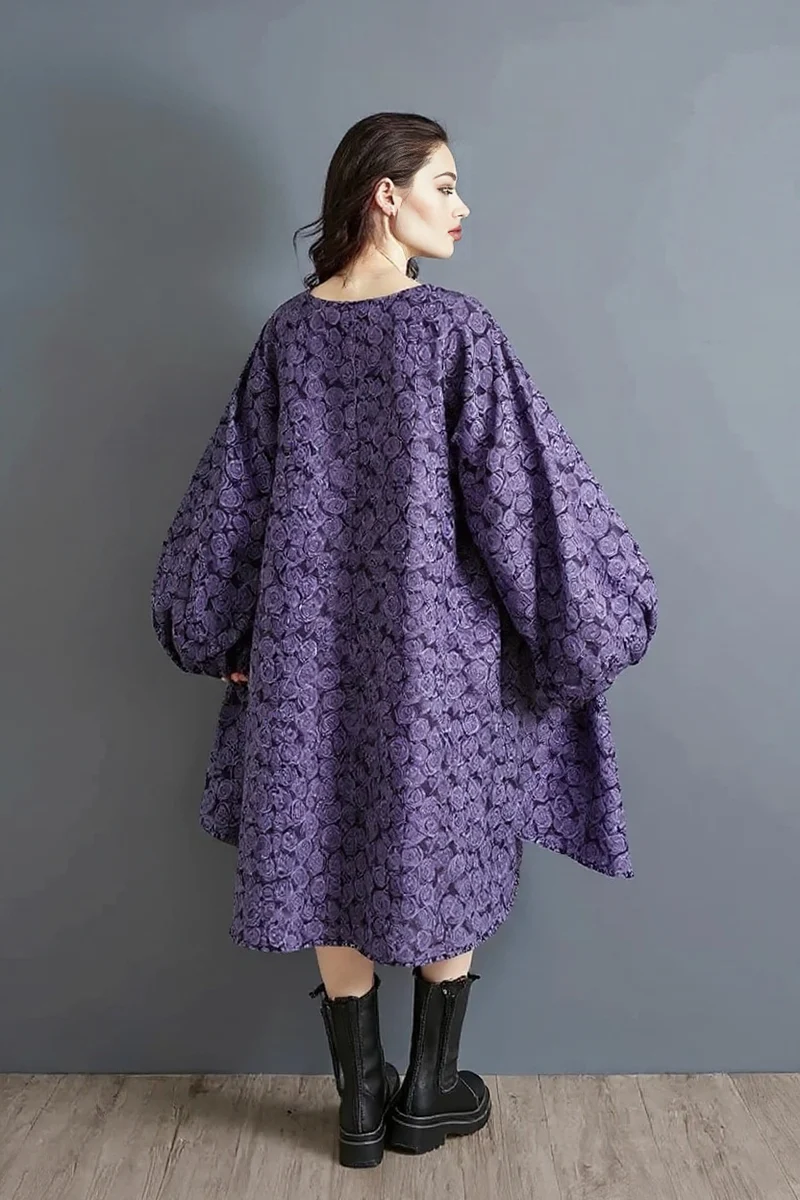 Purple Floral Lantern Sleeve Asymmetrical Dress - Elegant Winter-Ready Design